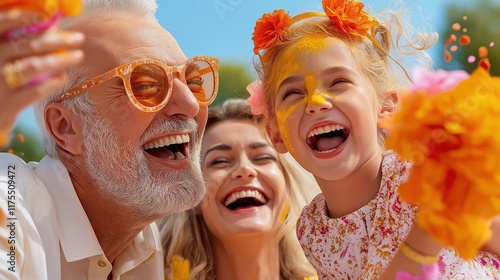 Multigenerational family enjoys a joyful gathering in a colorful garden during a sunny day in spring