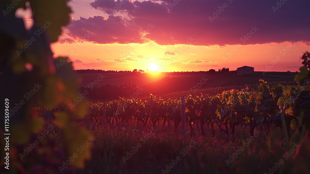 Vineyard Sunset: The sun dips below the horizon, casting a warm, romantic glow over the vineyards, promising a beautiful evening. Vineyard Sunset: The sun dips below the horizon, casting a warm, romantic glow over the vineyards, promising a beautiful evening.