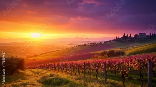 Wallpaper Mural Golden Hour in Vineyard: The image captures a breathtaking landscape of vineyards bathed in the warm, golden light of sunset, rolling hills and vibrant colors creating a serene and picturesque scene. Torontodigital.ca