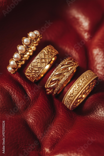 Flat lay of four elegant gold rings with unique designs, including a twisted gold band, a textured gold band with pearls, and two statement rings featuring intricate patterns.  photo