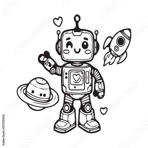 Coloring book sketch design for children, with cute robot pictures. Single design, black outline