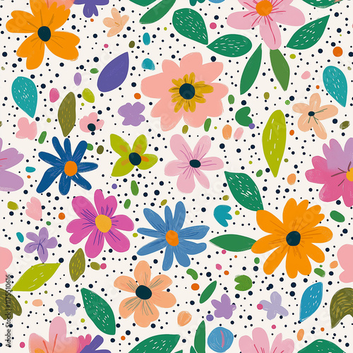 Wallpaper Mural seamless pattern with flowers，Colorful floral pattern, white background, hand-drawn style, artistic design, decorative background Torontodigital.ca