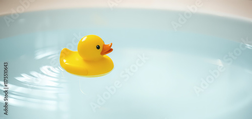 A bright yellow rubber duck floating playfully in a serene bathtub filled with warm, foamy water, its glossy surface reflecting the soft glow of ambient light