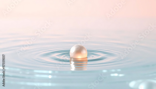 single glowing pearl submerged halfway in a pool of clear water, with ripples and reflections creating a harmonious balance. The background is clean 