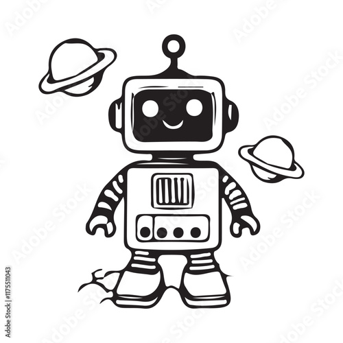 Coloring book sketch design for children, with cute robot pictures. Single design, black outline