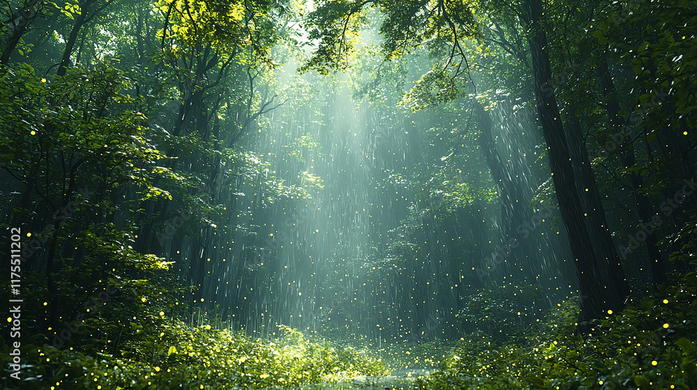 Obraz premium Serene Forest in Gentle Rain with Glowing Droplets and Vibrant Foliage