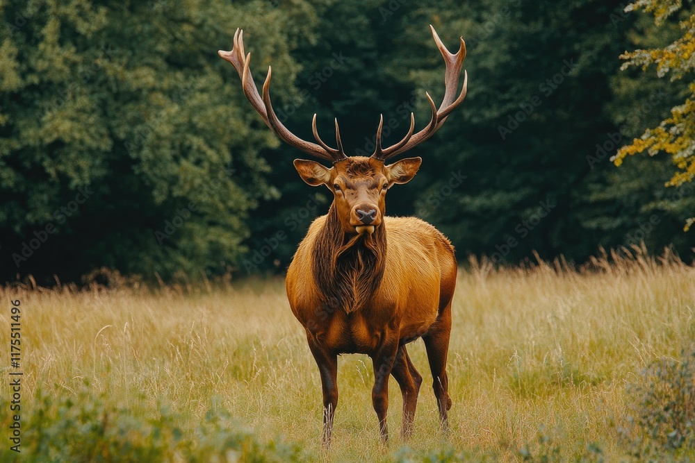 Majestic Elk Stands in Golden Meadow Forest Background Majestic Elk Stands in Golden Meadow Forest Background