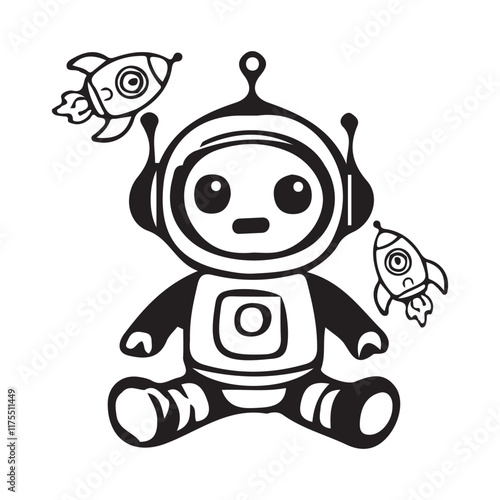 Coloring book sketch design for children, with cute robot pictures. Single design, black outline