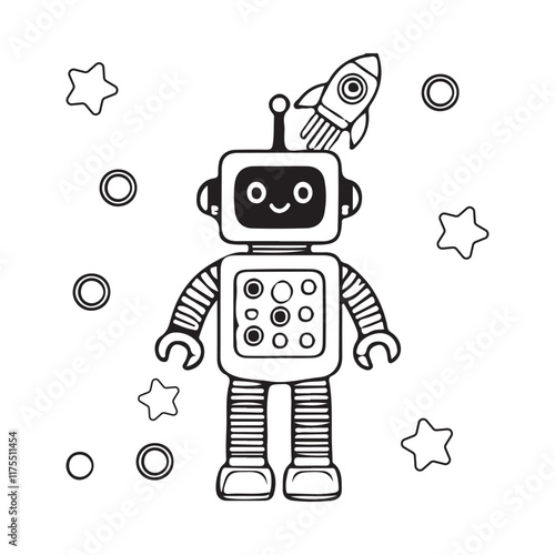 Coloring book sketch design for children, with cute robot pictures. Single design, black outline