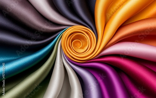 Luxurious Silk Fabric Swirl Colorful Satin Textile Texture Rainbow Hues Draped Soft Material