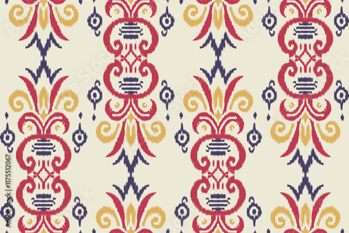 Traditional sari and shawl with ikat floral embroidery, ethnic oriental design, seamless fabric pattern with abstract textures for clothing, wrapping, and decoration.