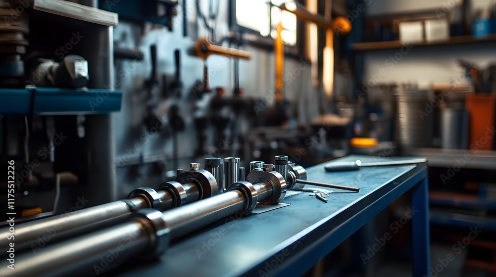 Fototapeta premium Precision Metal Parts Resting On A Workshop Table