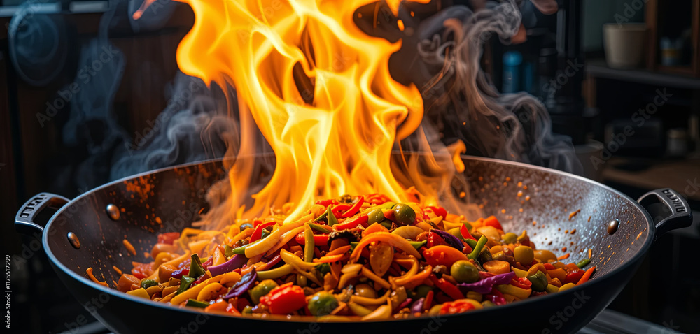 Flames leap from a hot wok filled with colorful vegetables as they are expertly stir-fried. The kitchen atmosphere is lively, filled with the aroma of delicious food being prepared Flames leap from a hot wok filled with colorful vegetables as they are expertly stir-fried. The kitchen atmosphere is lively, filled with the aroma of delicious food being prepared