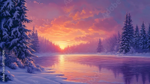 Fototapeta Naklejka Na Ścianę i Meble -  A picturesque frozen lake surrounded by snow-dusted evergreens under a vibrant winter sunset