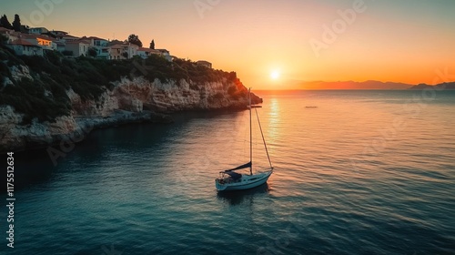 Sunset Sailboat Serenity: A solitary sailboat rests peacefully in the calm waters of a secluded bay, as the sun dips below the horizon. photo