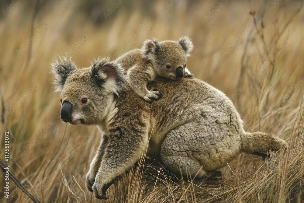 Koala Mother Carrying Baby In Grassland Habitat Koala Mother Carrying Baby In Grassland Habitat