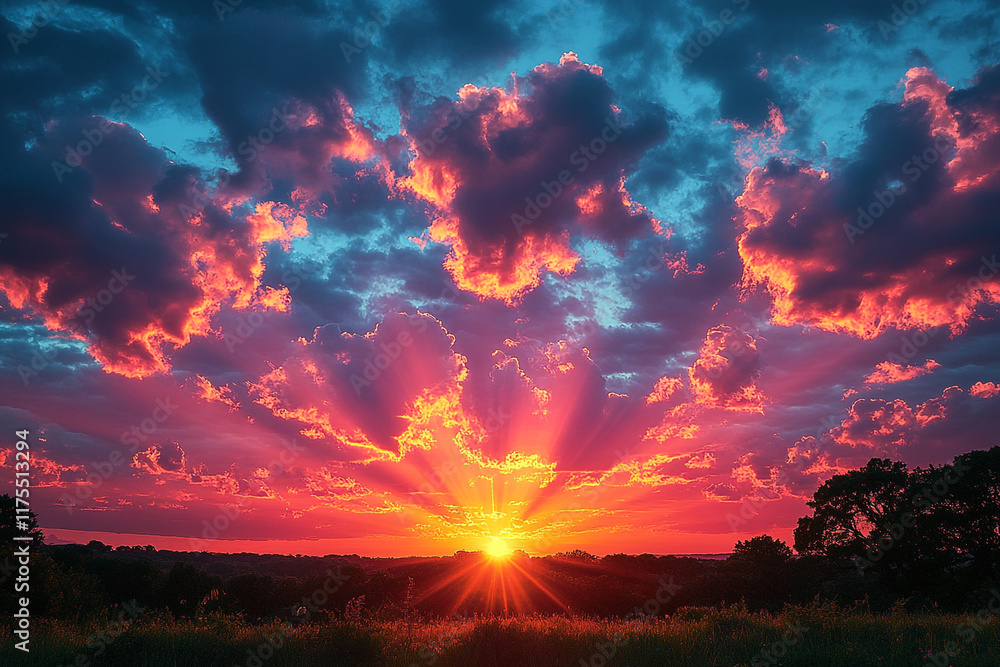 Obraz premium Vibrant Sunset Over Rural Landscape With Dramatic Clouds