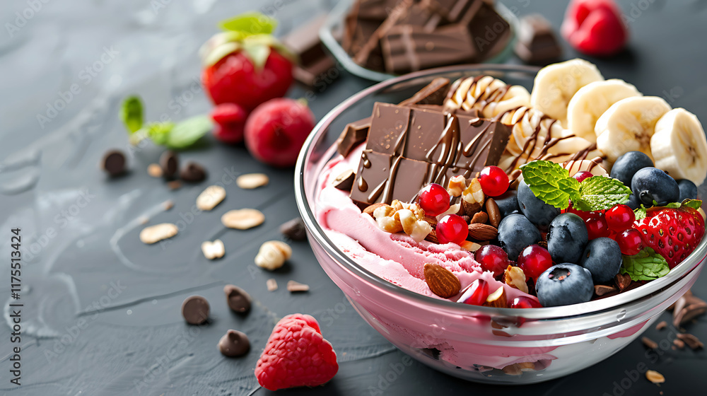 Ice cream bowl with nuts and chocolate and fruits Ice cream bowl with nuts and chocolate and fruits