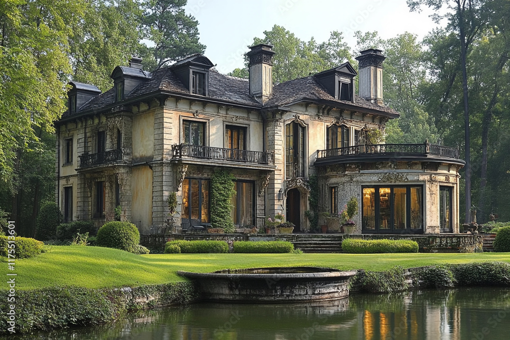 Obraz premium Elegant Stone Mansion Beside Serene Water Feature