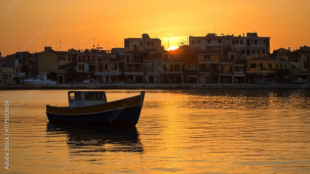 Fototapeta premium A solitary boat rests on tranquil waters, silhouetted against the vibrant hues of a breathtaking sunset over a picturesque harbor town.