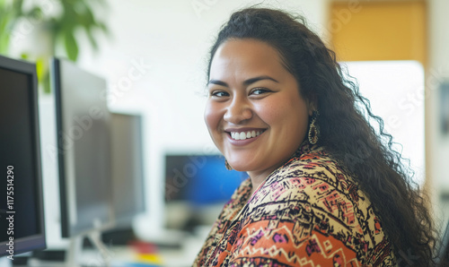 Beautiful young Maori woman at business office, generated ai