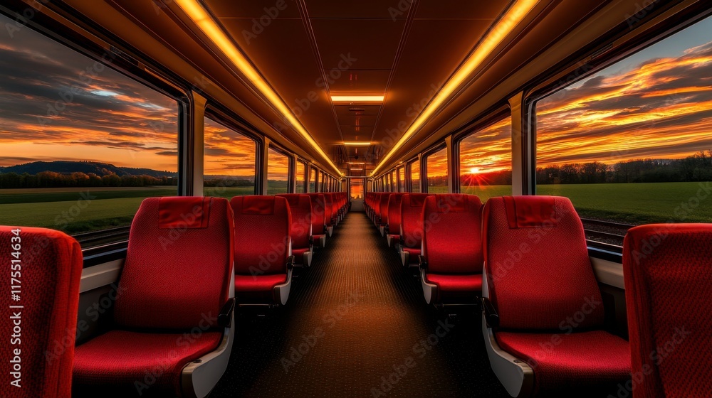 Serene Train Interior with Expansive Windows at Sunset Serene Train Interior with Expansive Windows at Sunset