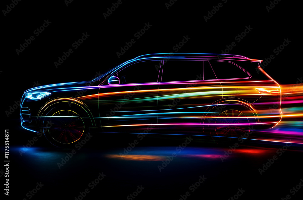 fast moving car on night city,Vibrant Light Trails, Modern SUV Silhouette, Dynamic Car Design fast moving car on night city,Vibrant Light Trails, Modern SUV Silhouette, Dynamic Car Design