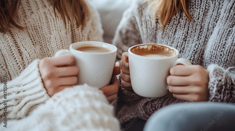 Two Women In Sweaters Enjoying Warm Drinks Together Two Women In Sweaters Enjoying Warm Drinks Together