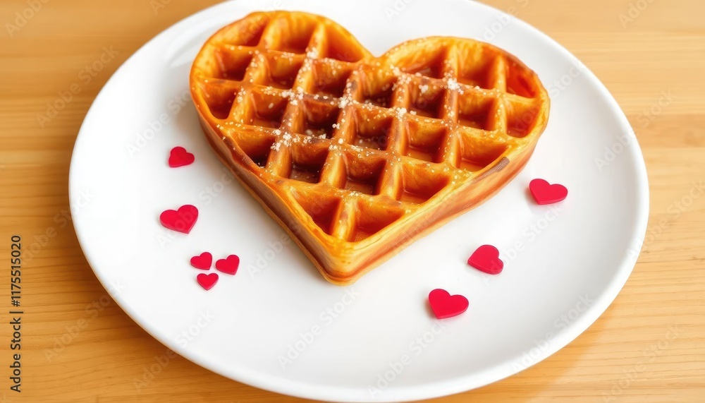 Heart-shaped waffle on plate, decorated with small hearts, wooden table Heart-shaped waffle on plate, decorated with small hearts, wooden table