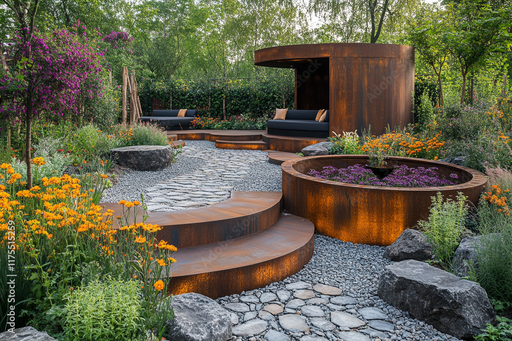 Modern Rust Garden Design With Stone Path And Seating Area