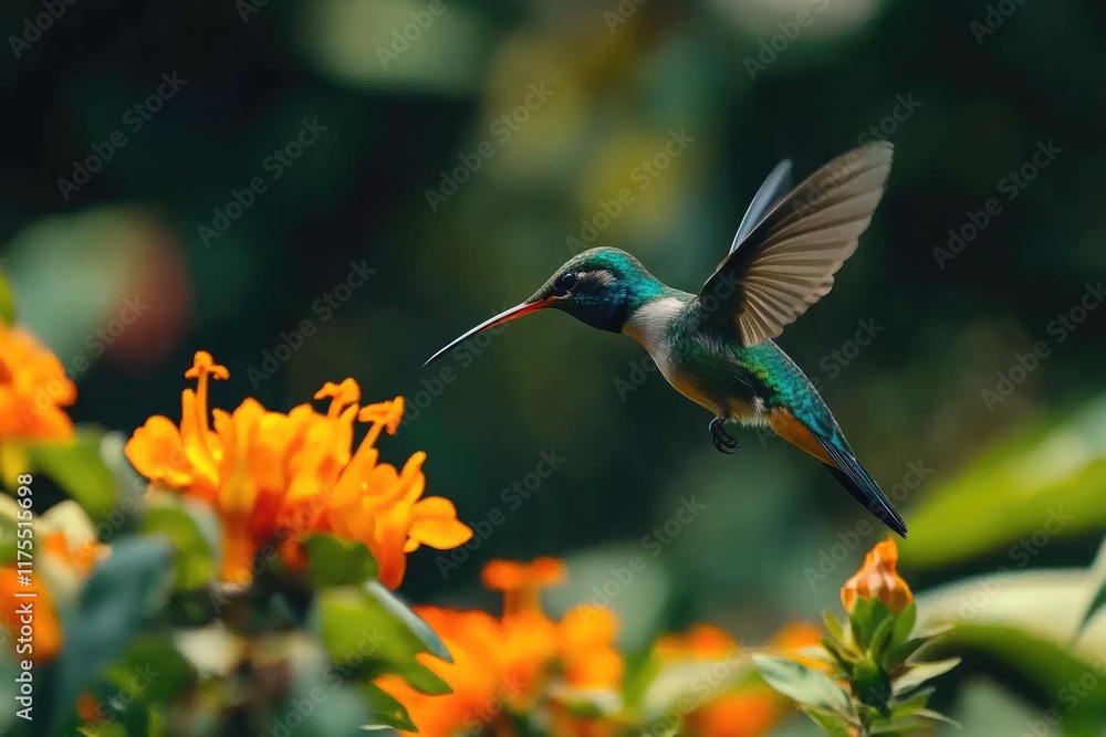 Fototapeta premium Green and White Hummingbird Near Orange Flowers