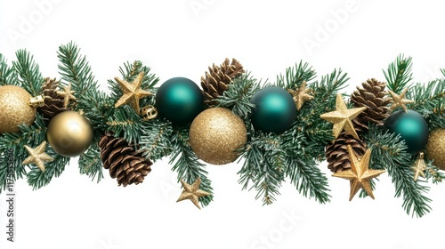 Festive Christmas garland adorning with pine cones and stars on white background photo