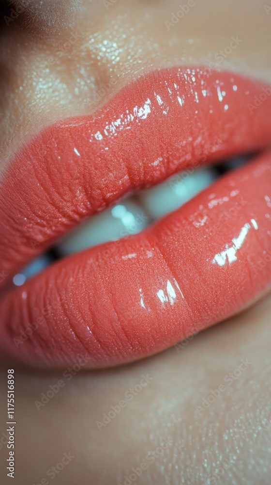 Fototapeta premium Glossy Lips Close-Up After Permanent Makeup in Trendy Nude Shade