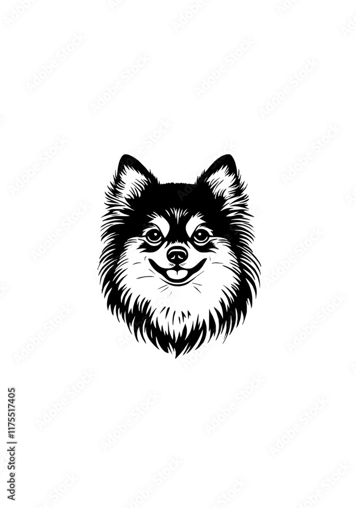 Fototapeta premium Cheerful Pomeranian Dog Line Art with Smiling Expression and Fluffy Fur in Black and White Minimalist Style