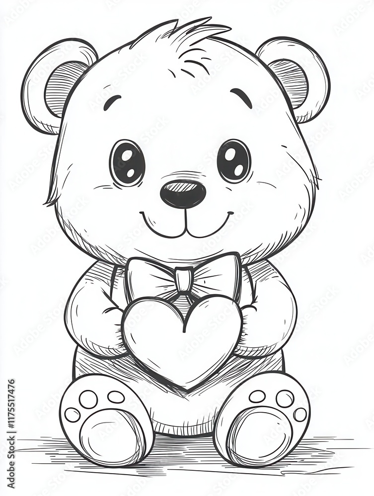 Fototapeta premium Cute cartoon teddy bear holding a heart, perfect for Valentine's Day or romantic illustrations.