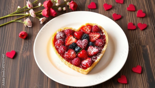 Heart-shaped berry tart on white plate, flowers, Valentines Day photo