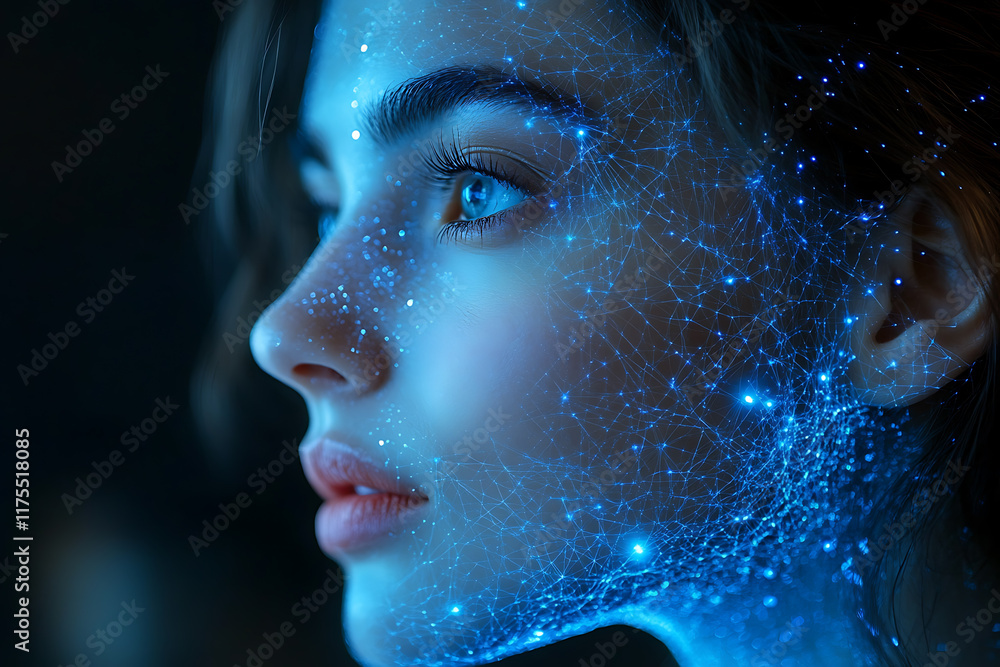 Glowing wireframe silhouette of a magical woman, highlighted with a combination of blue and black data points, radiating mystique and ethereal energy on a transparent background.
Glowing wireframe silhouette of a magical woman, highlighted with a combination of blue and black data points, radiating mystique and ethereal energy on a transparent background.