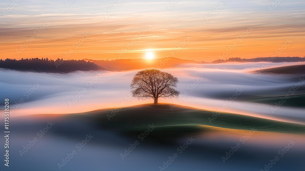Obraz premium lone tree on hill surrounded by morning fog under vibrant sunrise