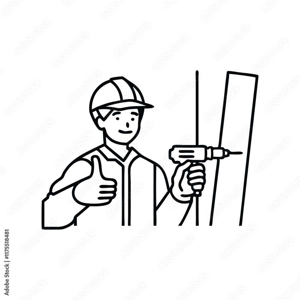 Male worker confidently holds a drill while giving a thumbs up, showcasing approval and readiness for the task ahead continuous line art Male worker confidently holds a drill while giving a thumbs up, showcasing approval and readiness for the task ahead continuous line art