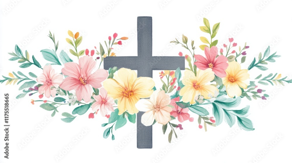 Fototapeta premium A festive Easter logo showcasing a cross surrounded by pastel flowers on a white background.