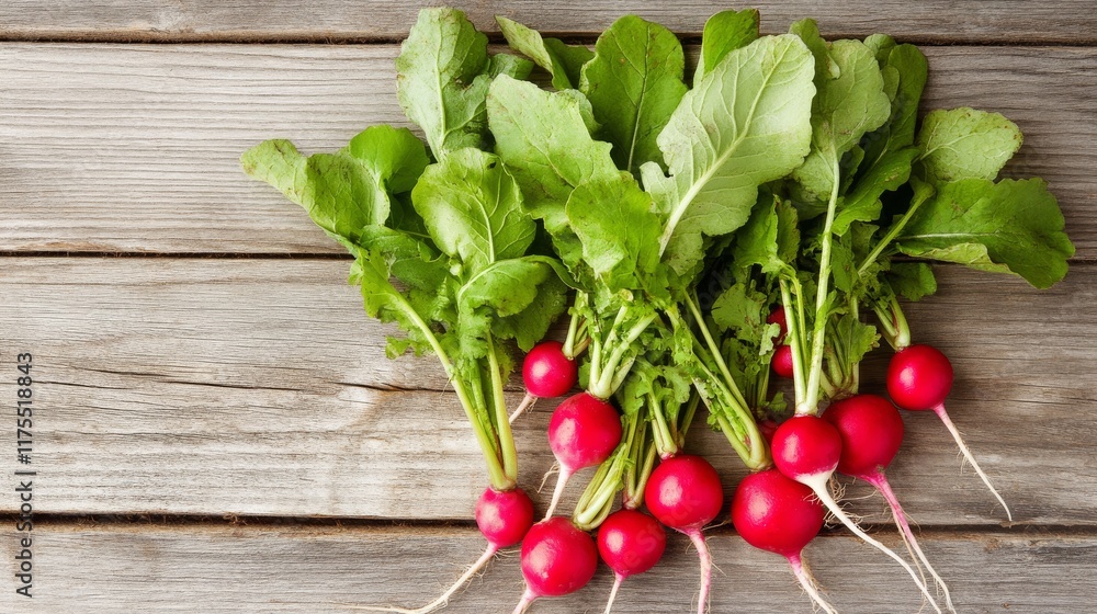 Fresh bunch of red radishes with green leaves on rustic wooden table, showcasing vibrant farm-fresh vegetables ideal for organic food, market display, and healthy eating concepts Fresh bunch of red radishes with green leaves on rustic wooden table, showcasing vibrant farm-fresh vegetables ideal for organic food, market display, and healthy eating concepts