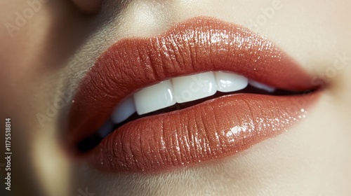 Glossy Lips Close-Up After Permanent Makeup in Trendy Nude Shade