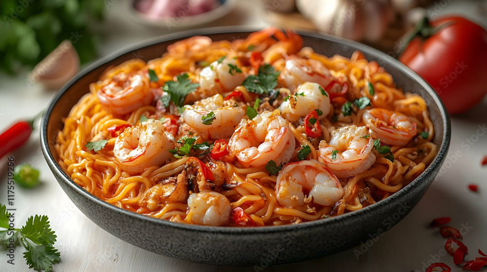 Delicious shrimp pasta in a dark bowl, garnished with cilantro and chili peppers. Delicious shrimp pasta in a dark bowl, garnished with cilantro and chili peppers.