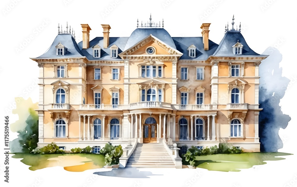 Fototapeta premium Modern Architectural House Design Rendered in Watercolor Style Isolated on White Background