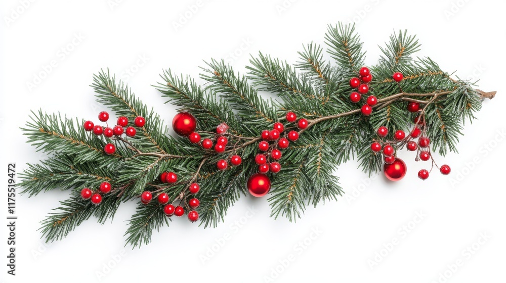 Frosted Pine Branch Decorated with Red Berries and Ornaments on White Background. Frosted Pine Branch Decorated with Red Berries and Ornaments on White Background.