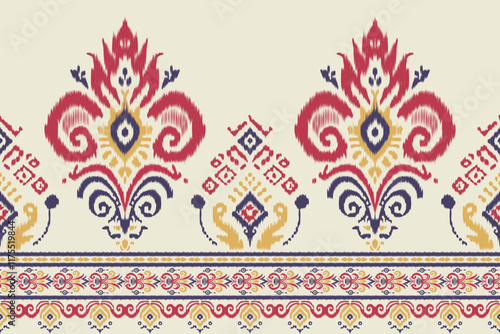 Traditional sari and shawl with ikat floral embroidery, ethnic oriental design, seamless fabric pattern with abstract textures for clothing, wrapping, and decoration.