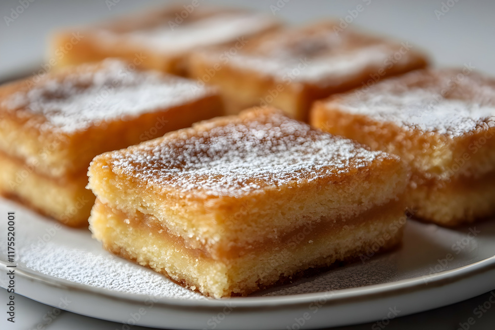 Close-up of five delicious golden sponge cakes layered with apricot jam, dusted with powdered sugar, arranged on a white plate. Close-up of five delicious golden sponge cakes layered with apricot jam, dusted with powdered sugar, arranged on a white plate.