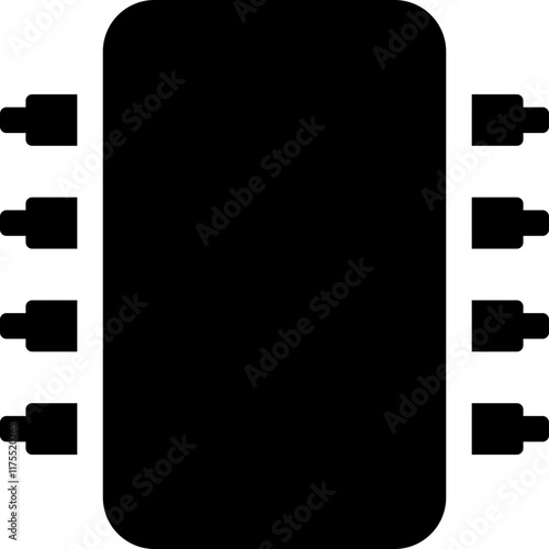 flat black microchip icon monochrome vector solid graphic symbol, electronic circuit processor, semiconductor chip silhouette, digital computing hardware, AI technology, motherboard component, minimal