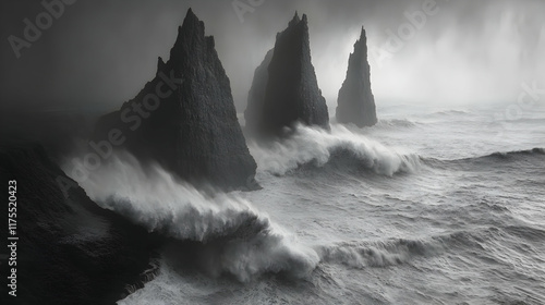 Dramatic black and white coastal landscape; three imposing rock formations battered by powerful ocean waves under a stormy sky.