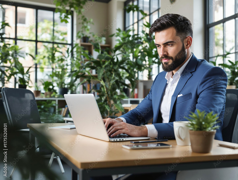 A Focused Professional Efficiently Working on a Laptop Within a Modern and Stylish Workspace A Focused Professional Efficiently Working on a Laptop Within a Modern and Stylish Workspace